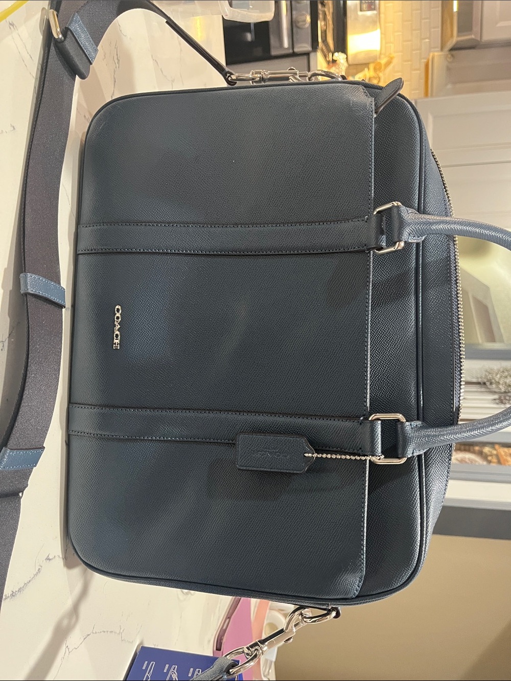 Coach Navy Leather Laptop Briefcase with Shoulder Strap mom
